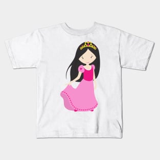 Cute Princess, Crown, Black Hair, Pink Dress Kids T-Shirt